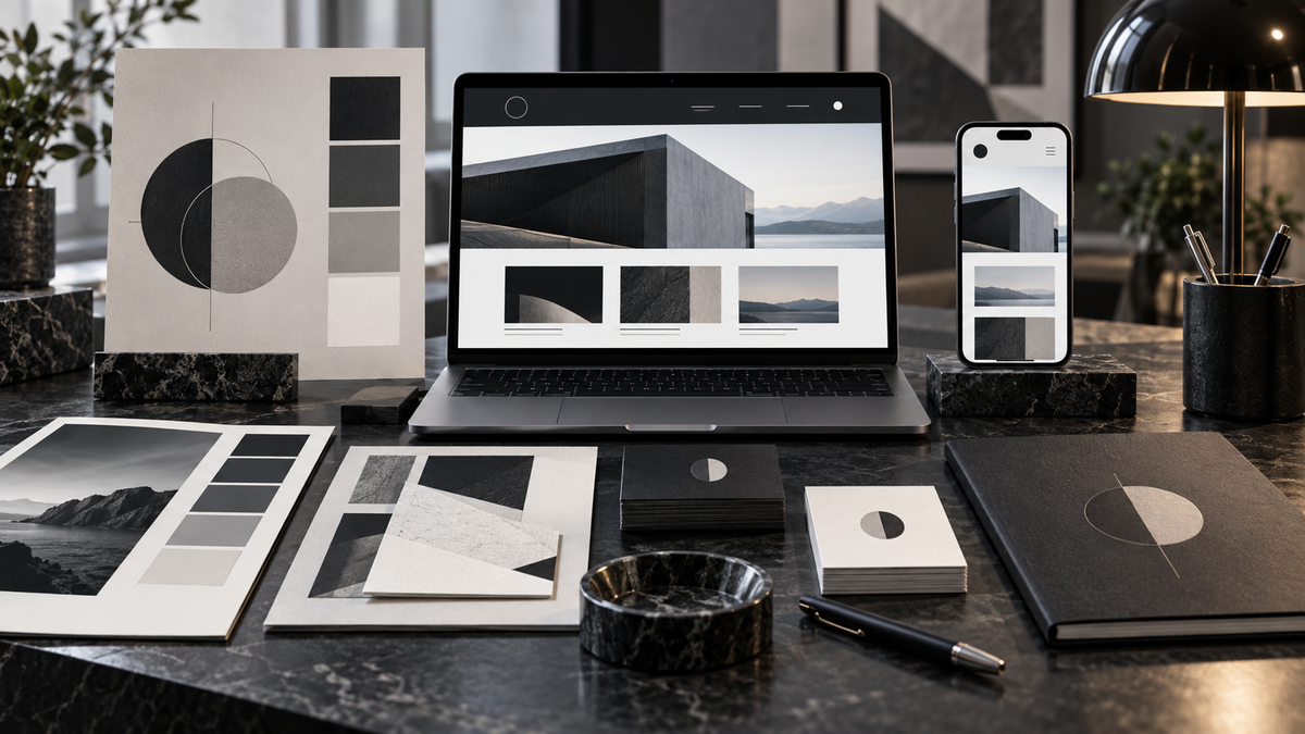 Cohesive branding and website design system displayed across print laptop and phone