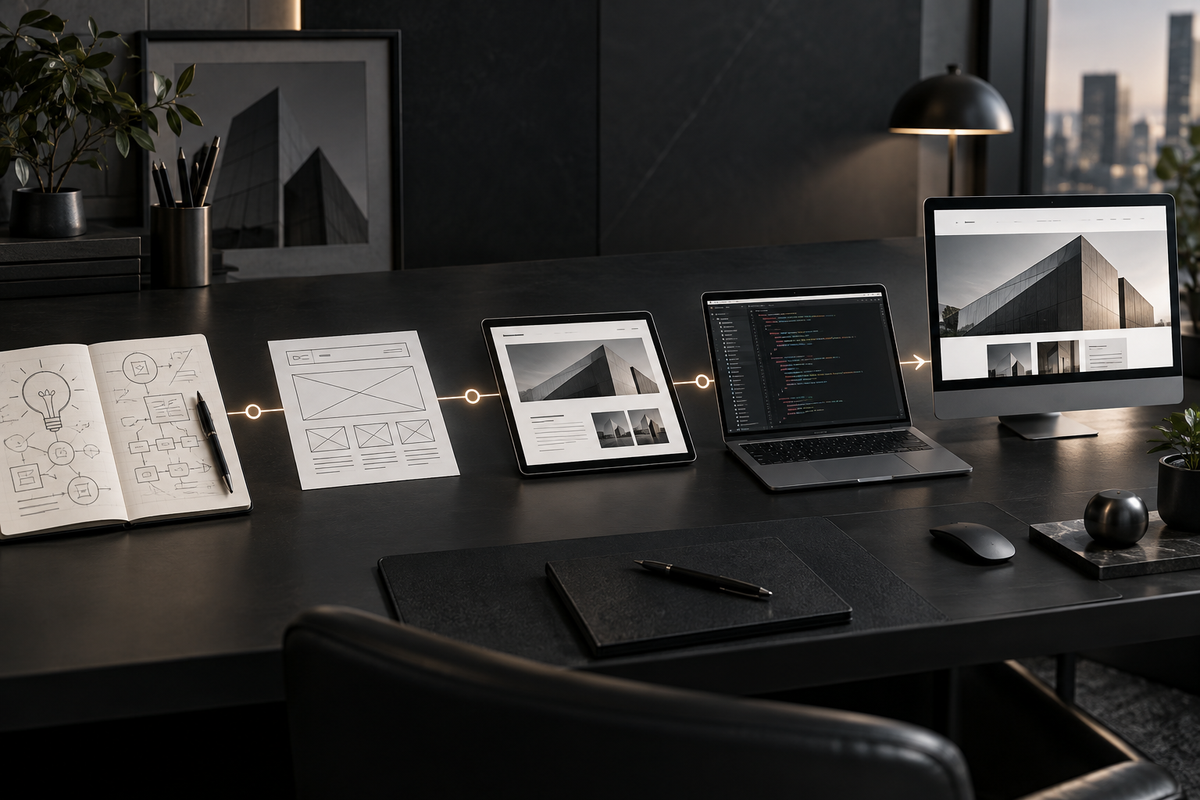 Professional website design and development timeline visualized across devices