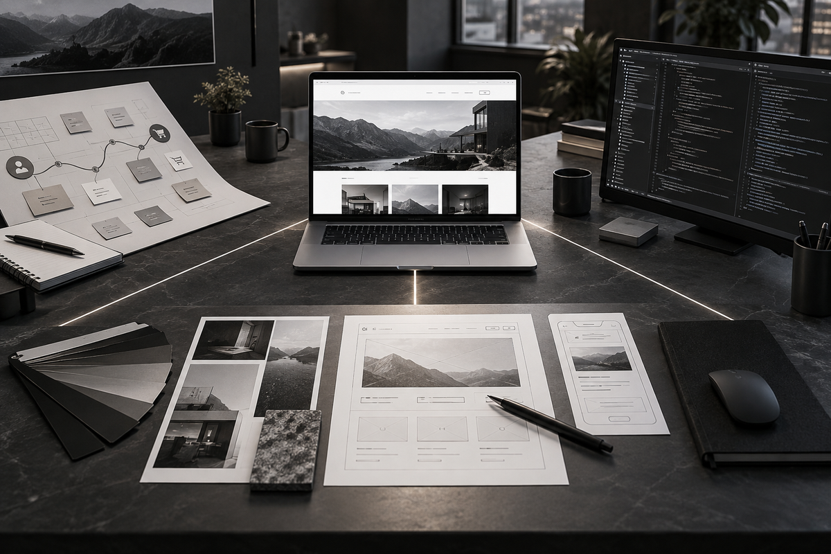 Website strategy design and development represented by connected planning screens