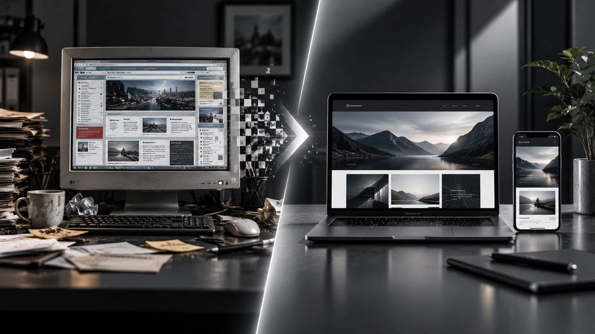 Outdated business website transforming into a modern responsive redesign